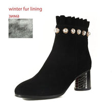 Load image into Gallery viewer, Kid Suede High Heels Ankle Boots Women Round Toe Winter Women Boots Warm Fashion Ladies Shoes Pearl Ruffles Footwear
