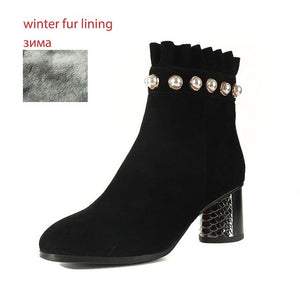 Kid Suede High Heels Ankle Boots Women Round Toe Winter Women Boots Warm Fashion Ladies Shoes Pearl Ruffles Footwear