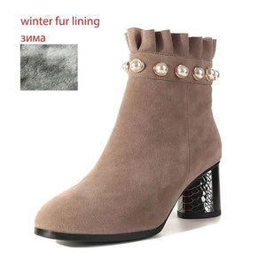 Kid Suede High Heels Ankle Boots Women Round Toe Winter Women Boots Warm Fashion Ladies Shoes Pearl Ruffles Footwear