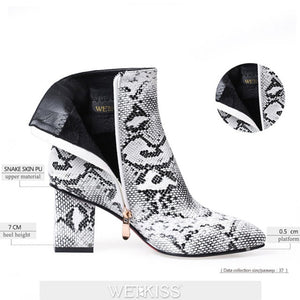 WETKISS Colorful Snakeskin Ankle Boots Women Thick High Heels Shoes Woman Snake Print Booties Winter Fashion Ladies Shoes