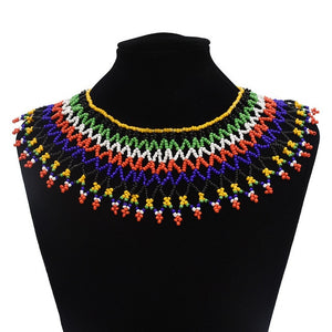 African Bohemian Ethnic Colorful Bead Tassel Necklace for Women Halloween Party Tribal Jewelry Statement Necklace Earring Set