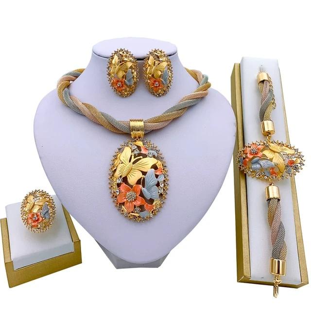 African Jewelry Charm Women Necklace Earrings Dubai Gold Jewelry Sets for Women Wedding Bridal Bracelet Ring Pendant Jewelry Set